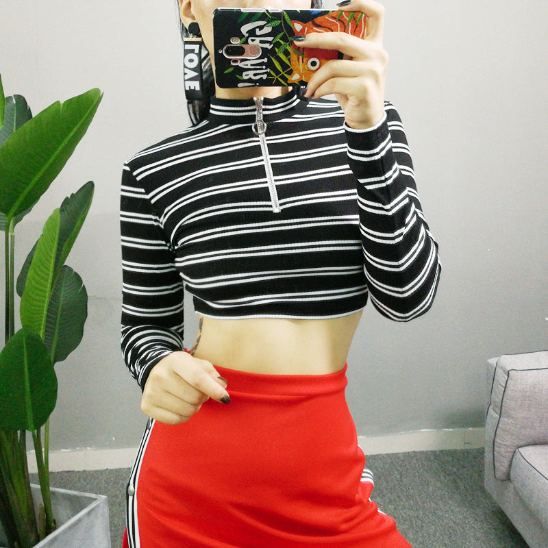 Women Multicolor Stripe Bodycon Turtleneck Zip Long Sleeve Crop Tops T-shirt