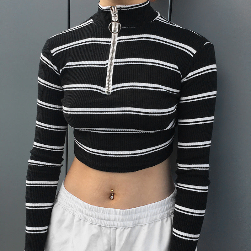 Women Multicolor Stripe Bodycon Turtleneck Zip Long Sleeve Crop Tops T-shirt