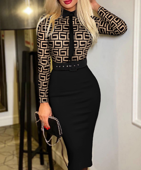 Long Sleeve Women's Printed Contrast Dress