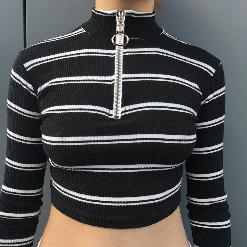 Women Multicolor Stripe Bodycon Turtleneck Zip Long Sleeve Crop Tops T-shirt