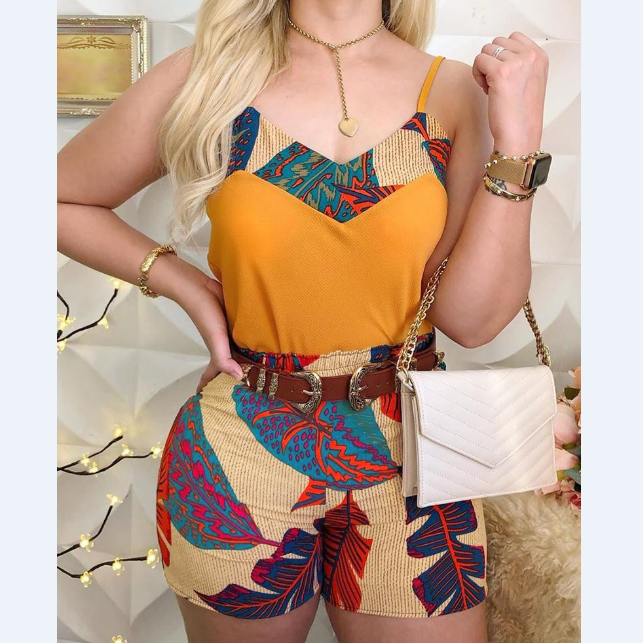 Fashion Trendy Sling Print Shorts Set