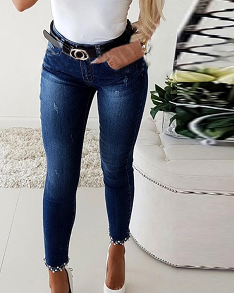 Slim Butterfly Beaded Jeans