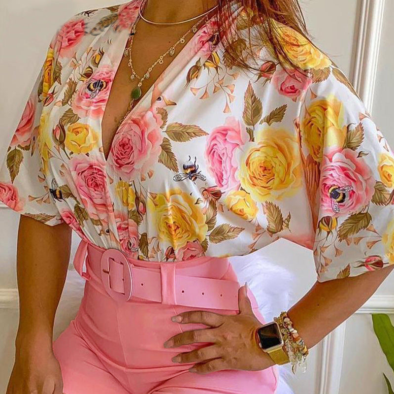 Pink Floral Print Shorts Two-Piece Suit