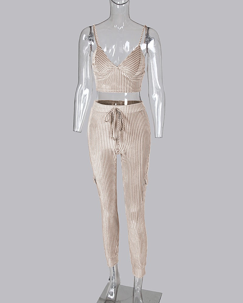 V-Neck Sexy Ribbed Crop Top + Trousers Set