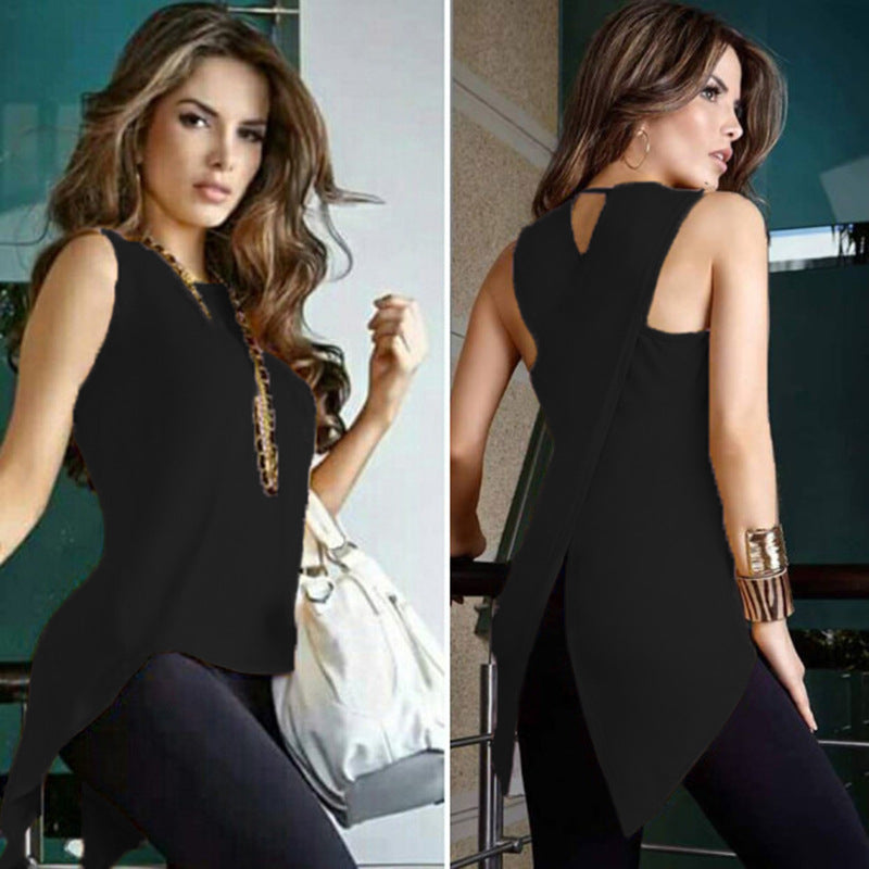 Fashion Round Neck Sleeveless Irregular T-Shirt