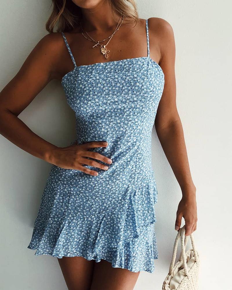Casual Printed Blue Floral Sleeveless Sling Dress