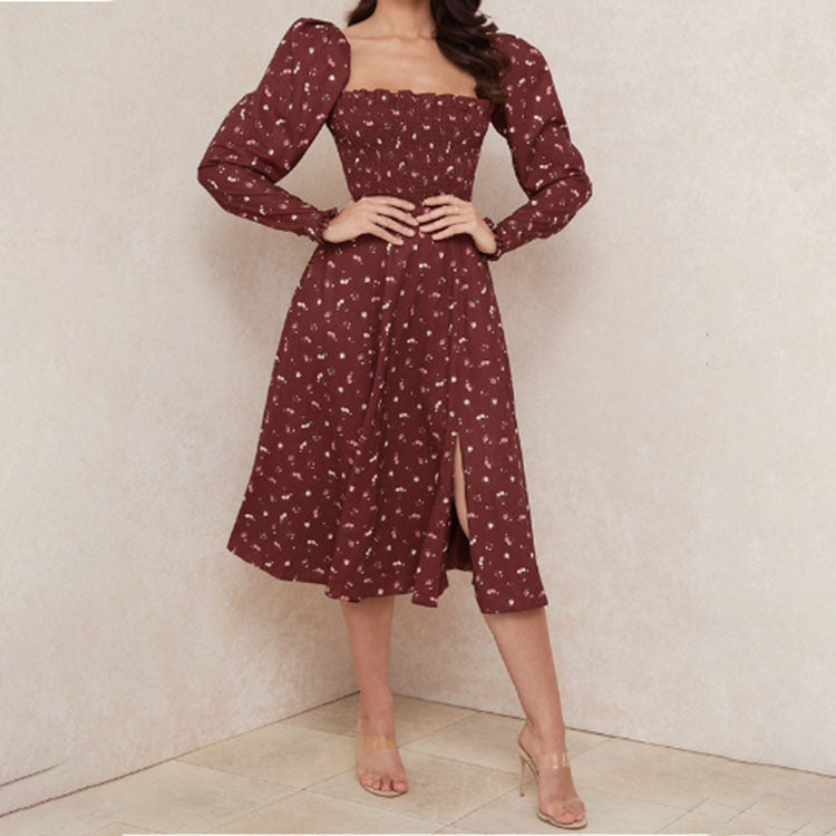 Printed Floral Long Sleeve Split Dress