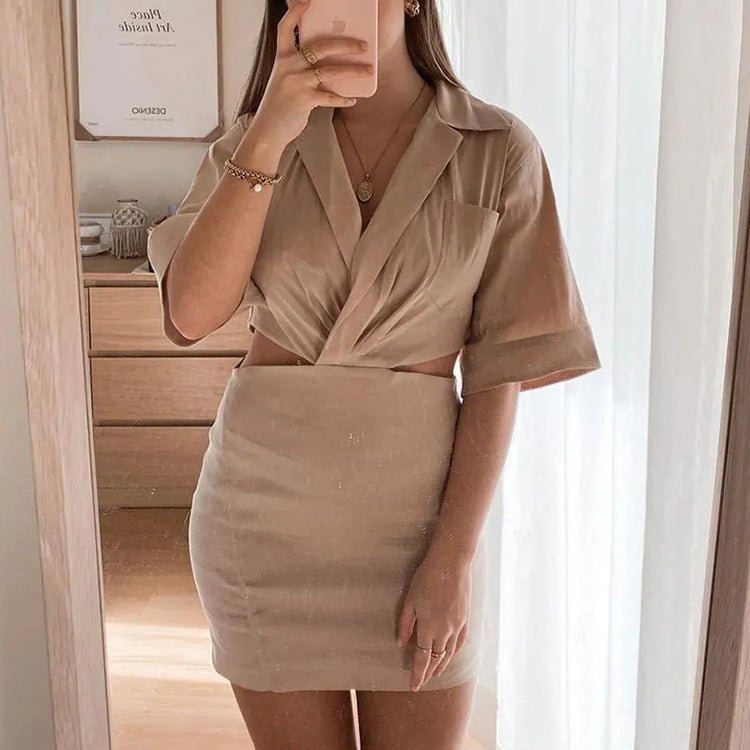 Solid Color Temperament Slim Lapel Bag Hip Dress