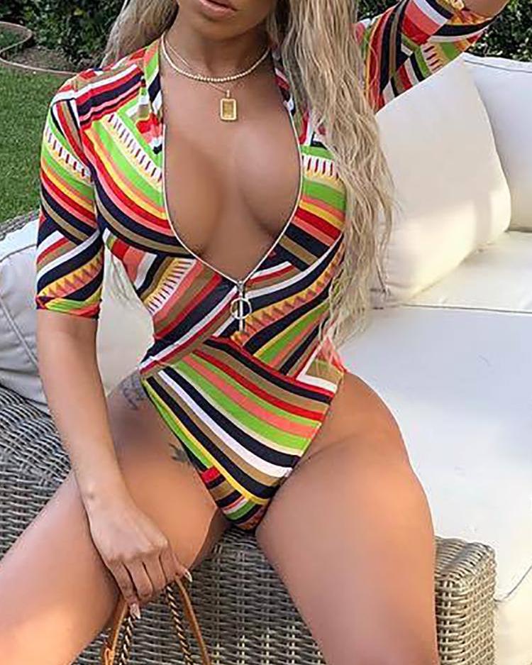 Design Striped One-Piece Bikini Swimsuit