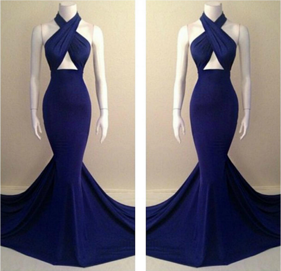 FABULOUS HALTER DESIGN ROYAL BLUE LONG MERMAID DRESS