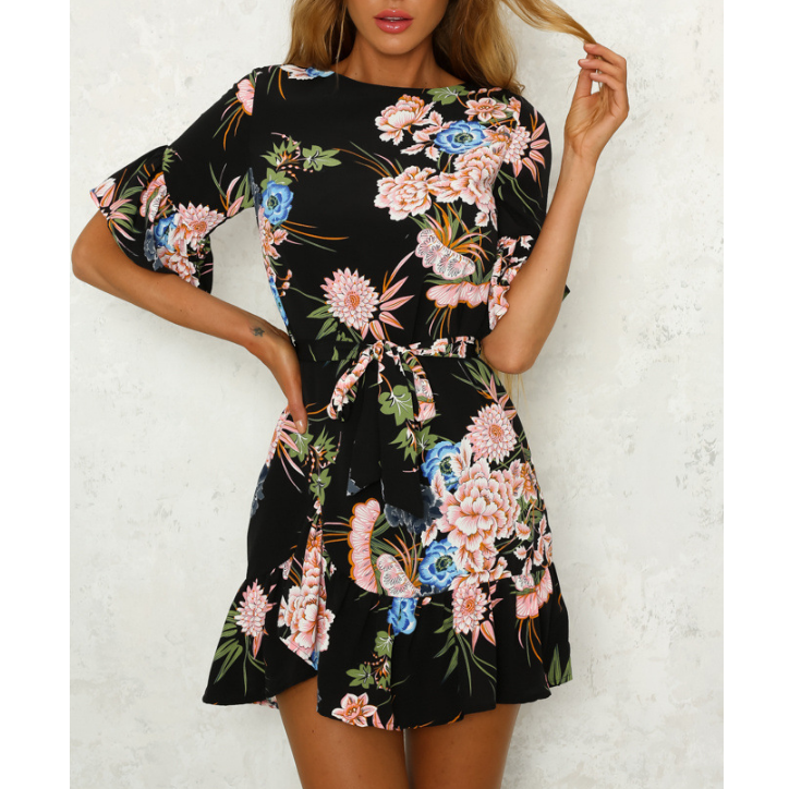 Print Round Neck Lotus Leaf Mini Dress