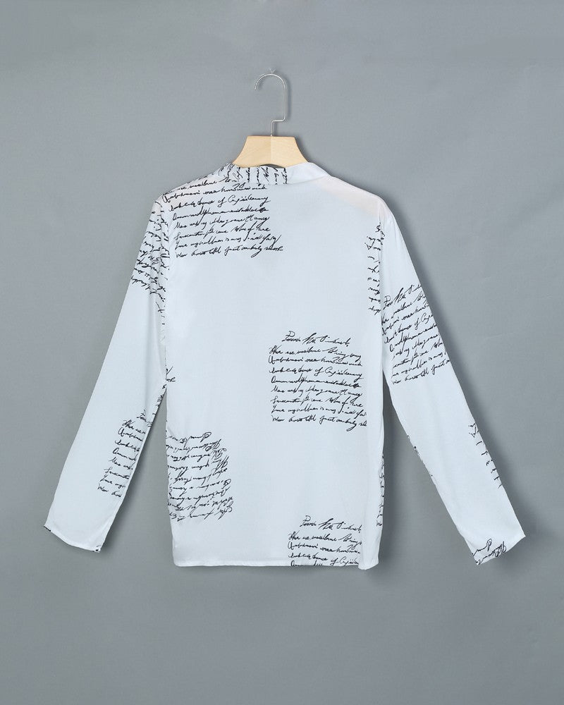 Fashion Printed Letter V-Neck Button Long Sleeve Shirt Top