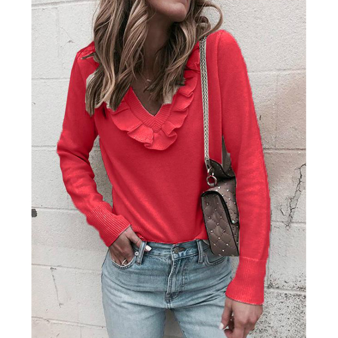 Sweet V-Neck Long-Sleeved Flounced T-Shirt