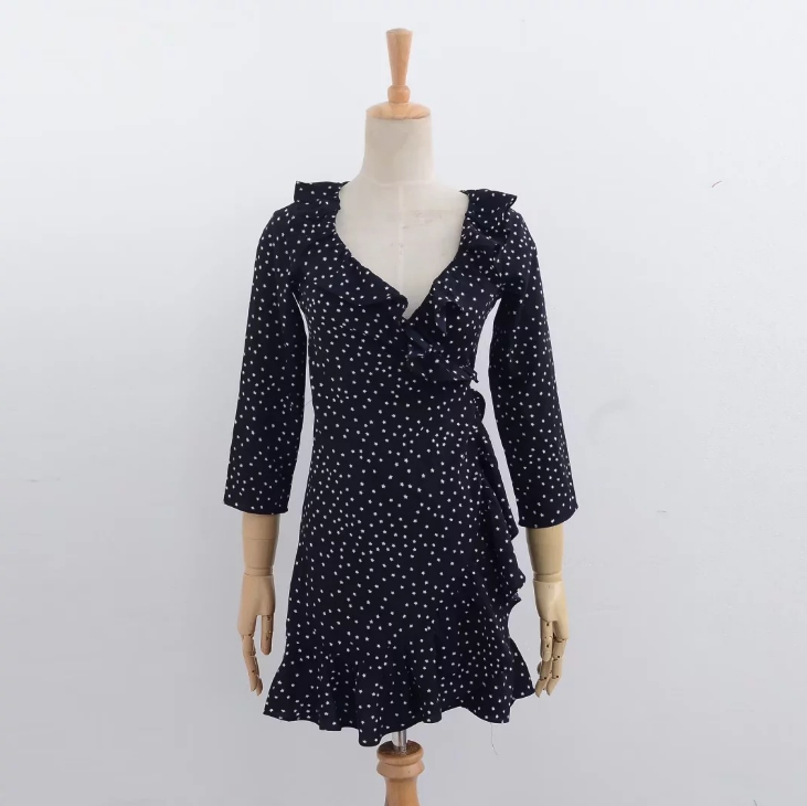 Ruffle Star Print Deep V Neck Long Sleeve Wrap Dress