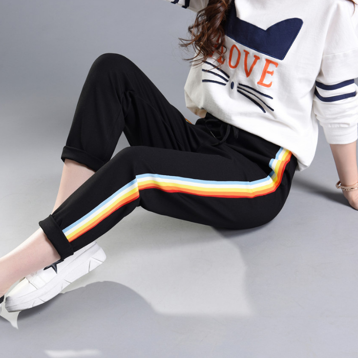 Fashion Casual Rainbow Stripe Print Strappy Sweatpants Leisure Pants Trousers
