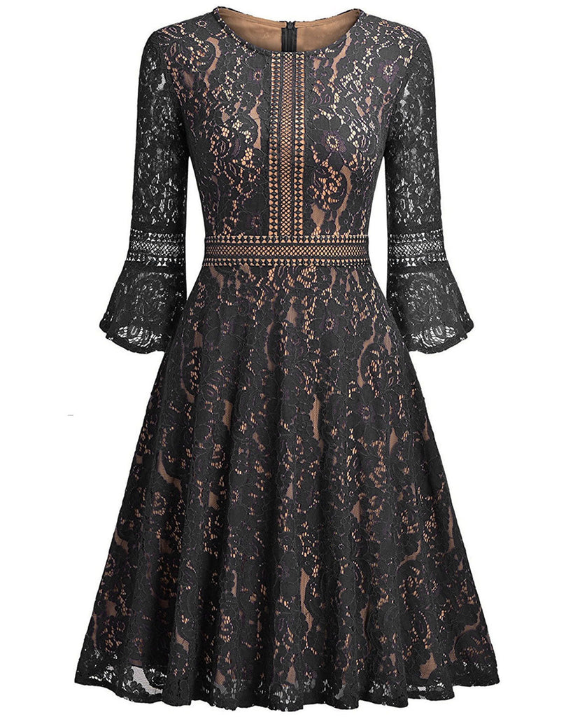 Solid Color Round Neck Lace Slim Dress