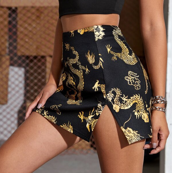Printed Slim High Waist Split Skirt