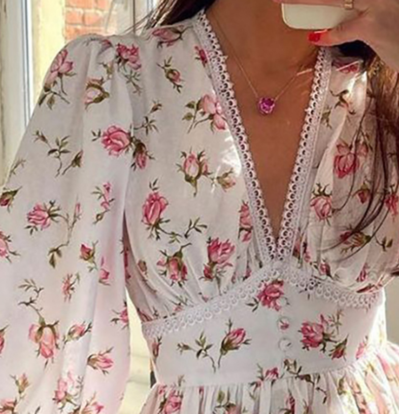 Long Sleeve Chiffon V-Neck Printed Lace Dress