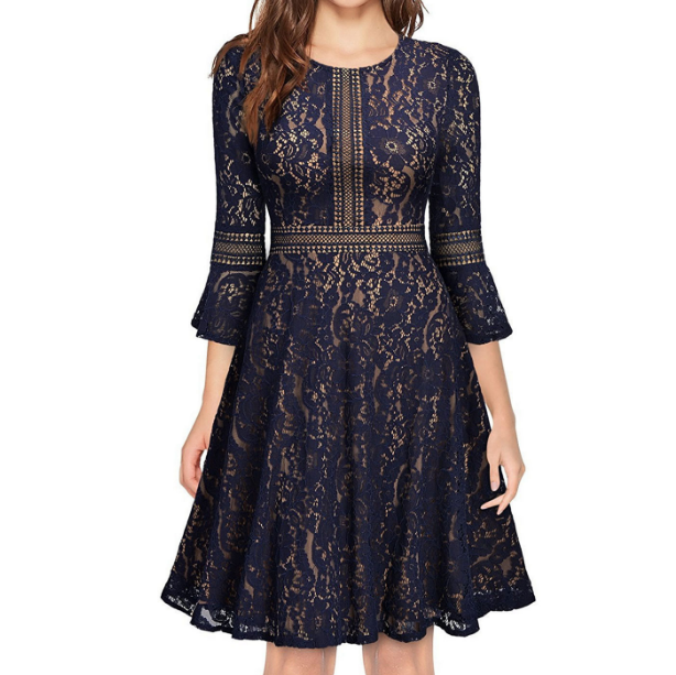Solid Color Round Neck Lace Slim Dress