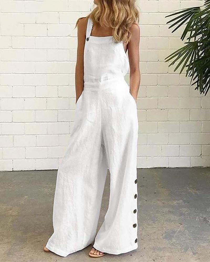 Solid Color Sleeveless Retro Pocket Casual Jumpsuit