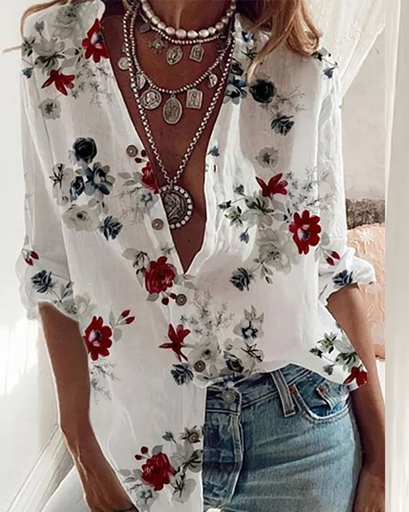 Loose V-Neck Long-Sleeved Printed Shirt Top