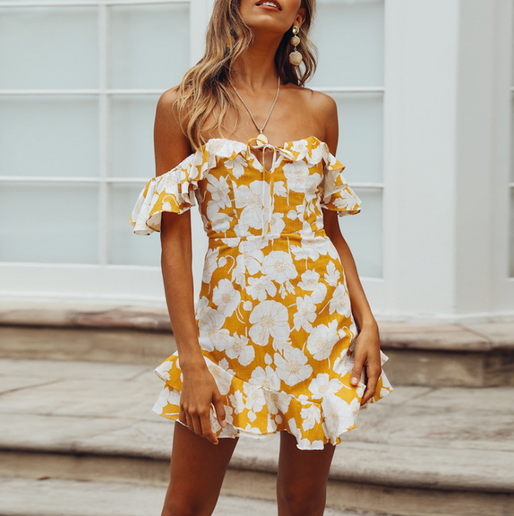 Fashion Sexy Printing Flounced Tube Top Dress