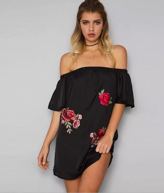 Sexy Fashion Shoulder One Word Floral Embroidery Rose Dress White