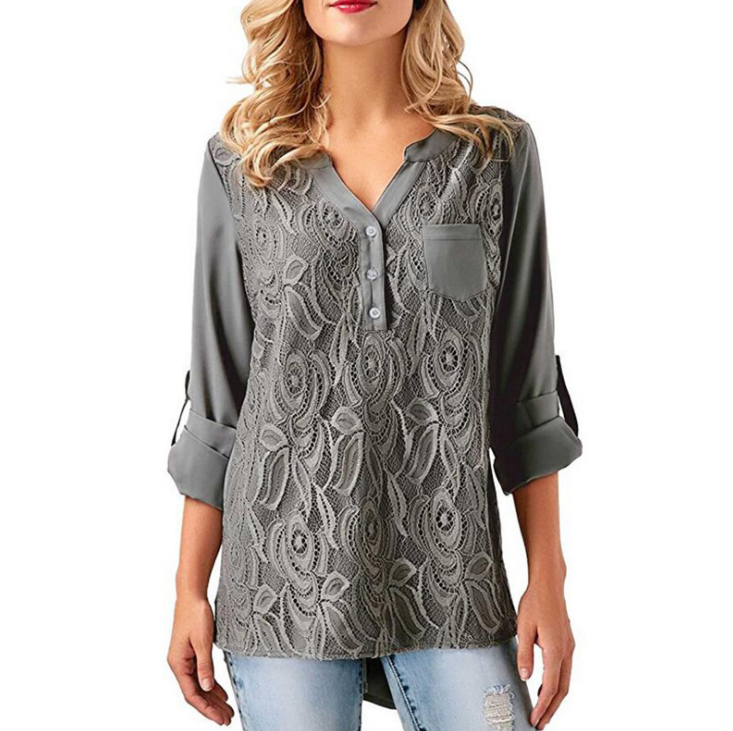 Women'S V-Neck Long Sleeve Chiffon Shirt