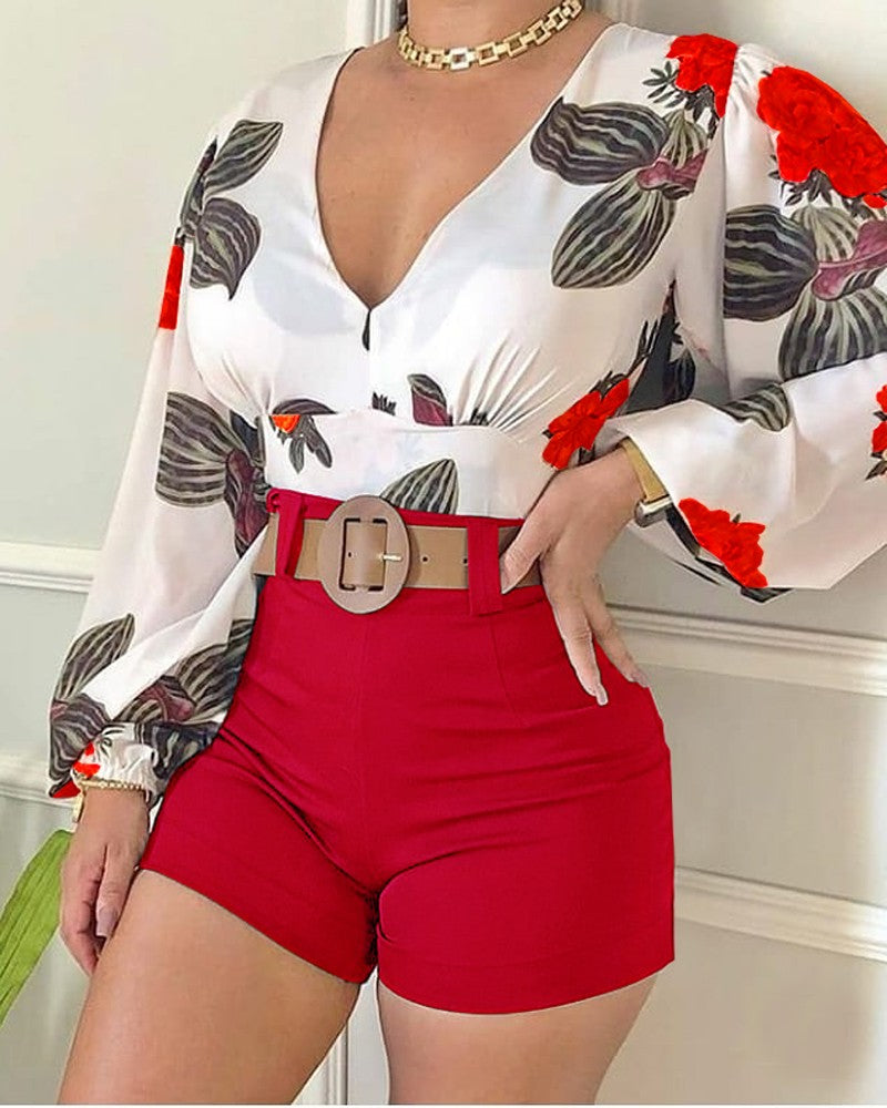 Women Floral Print Long Sleeve V-Neck Casual Two-Piece Set