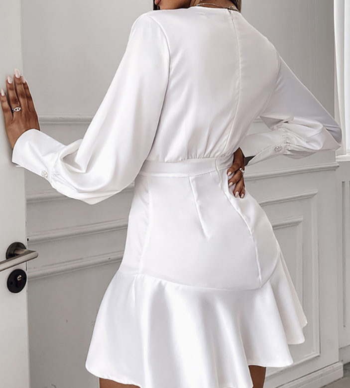 White Women Ruffle Long Sleeve Dress