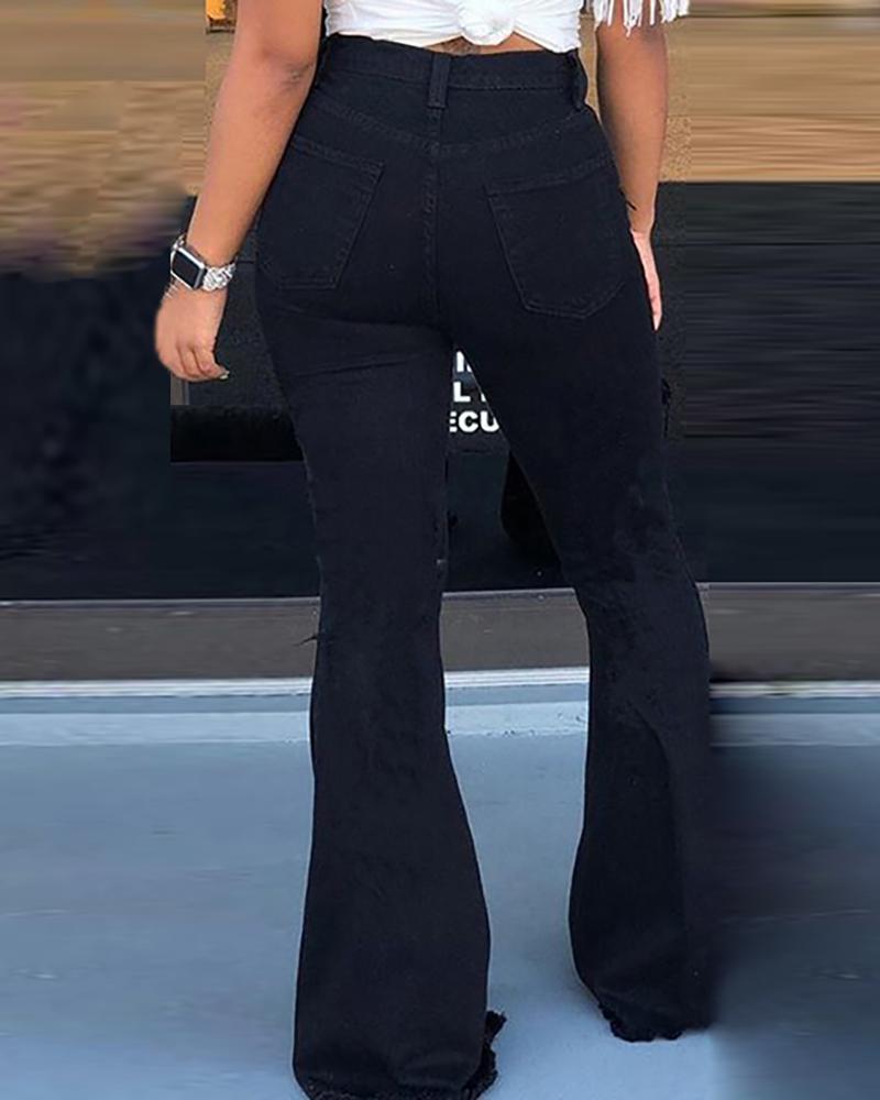 High Waist Retro Stretch Ripped Bell-Bottoms Jeans