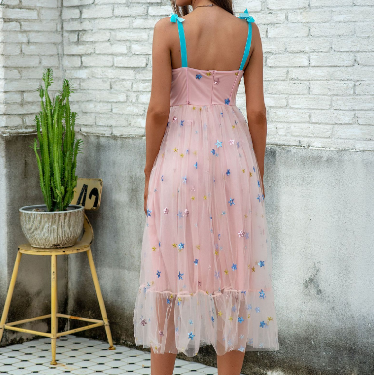 Sequin Embroidery Sling Star Mesh Dress