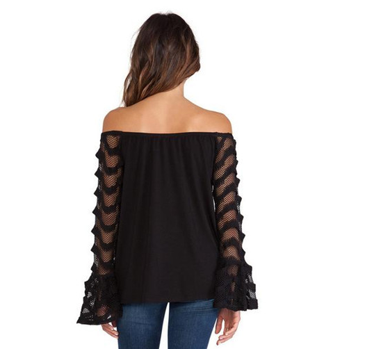 Fashion Lace Stitching Chiffon Black T-Shirt