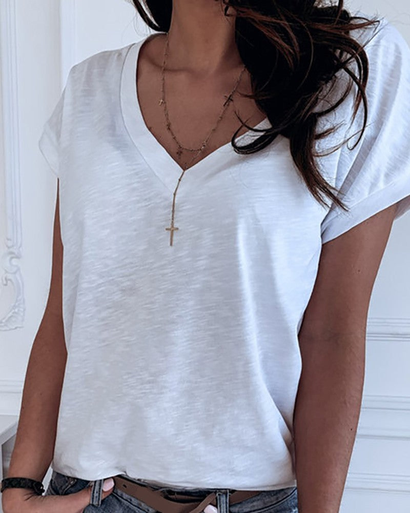 Casual Solid Color V-Neck Short Sleeve T-Shirt Top