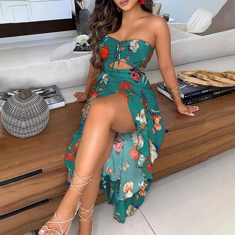 Women'S Printed Wrapped Chest Split Sexy Irregular Dress
