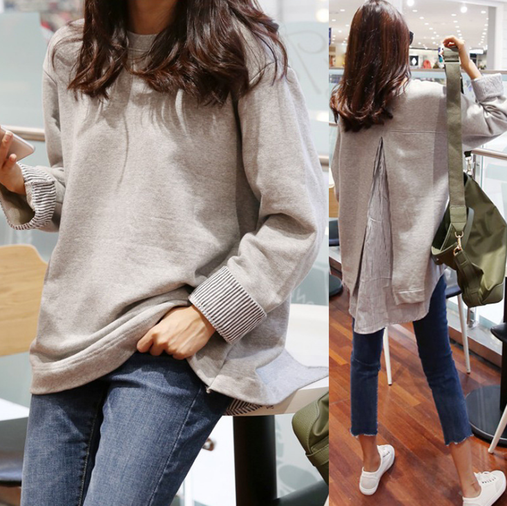 Loose Round Neck Large Size Striped Long-Sleeved T-Shirt