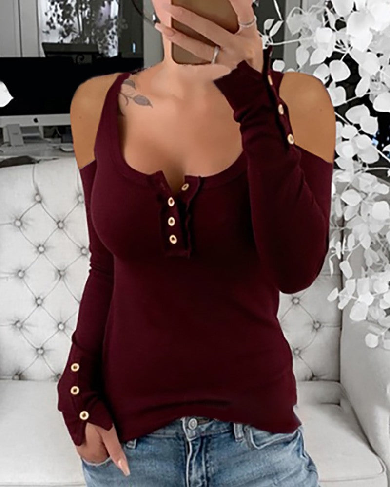 Casual Button Long Sleeve Top Slim T-shirt