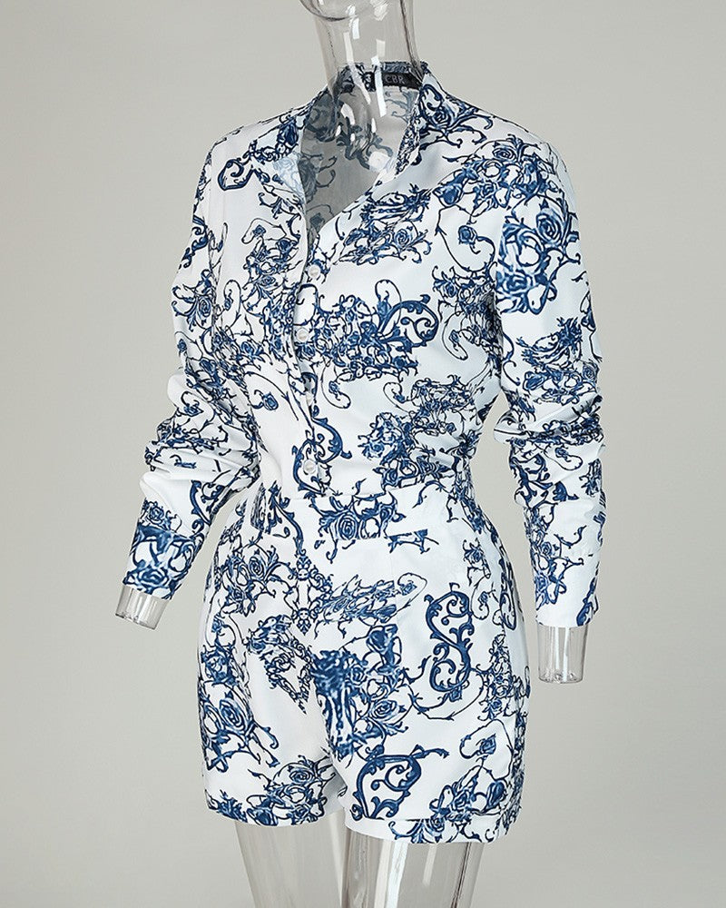 Elegant Blue Long Sleeve Printed Jumpsuit