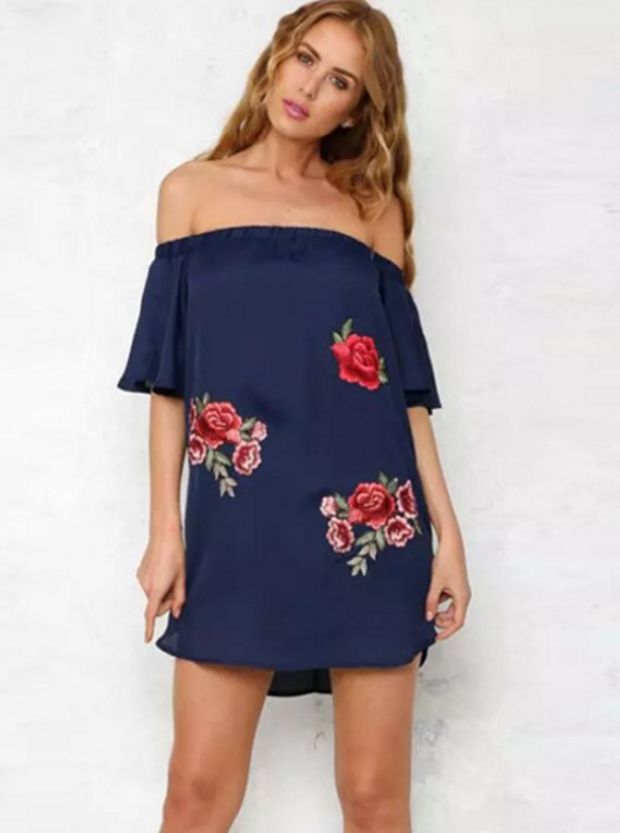 Sexy Fashion Shoulder One Word Floral Embroidery Rose Dress White