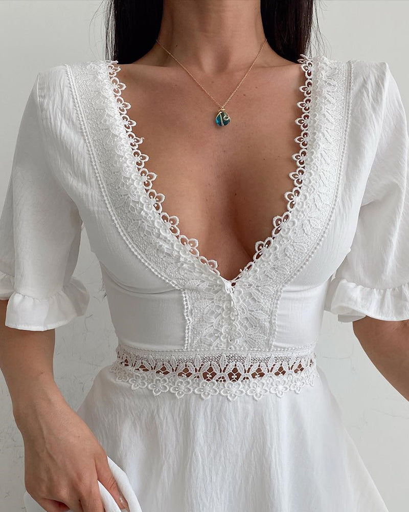 Casual White Deep V-Neck Lace Jumpsuit