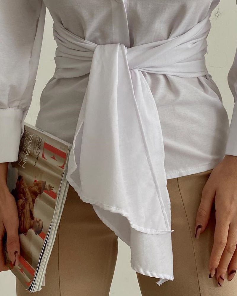 White Solid Color Long-Sleeved Shirt Top