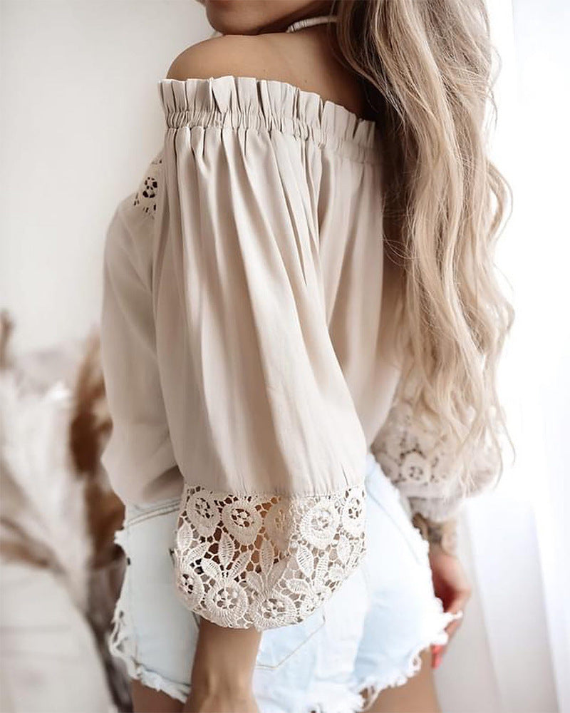 Casual Apricot Splicing Long-Sleeve Lace Top