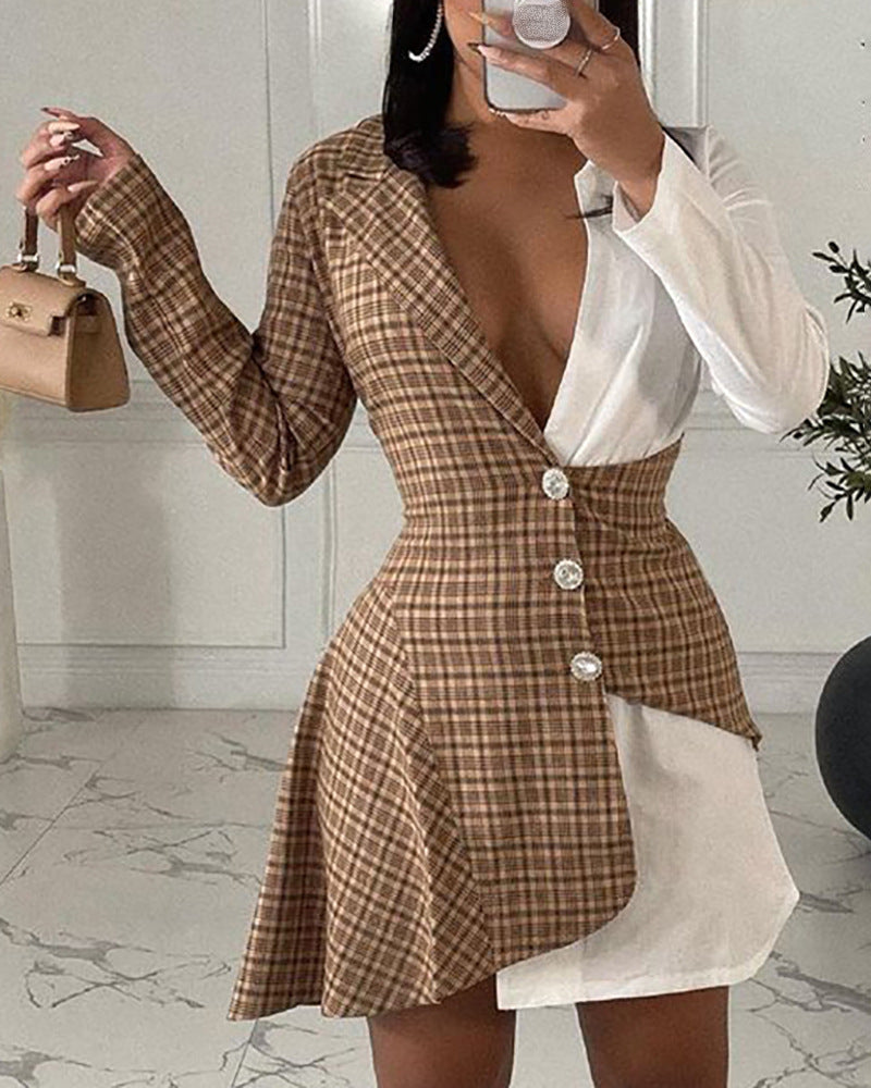 Long Sleeve Women V-Neck Check Dress