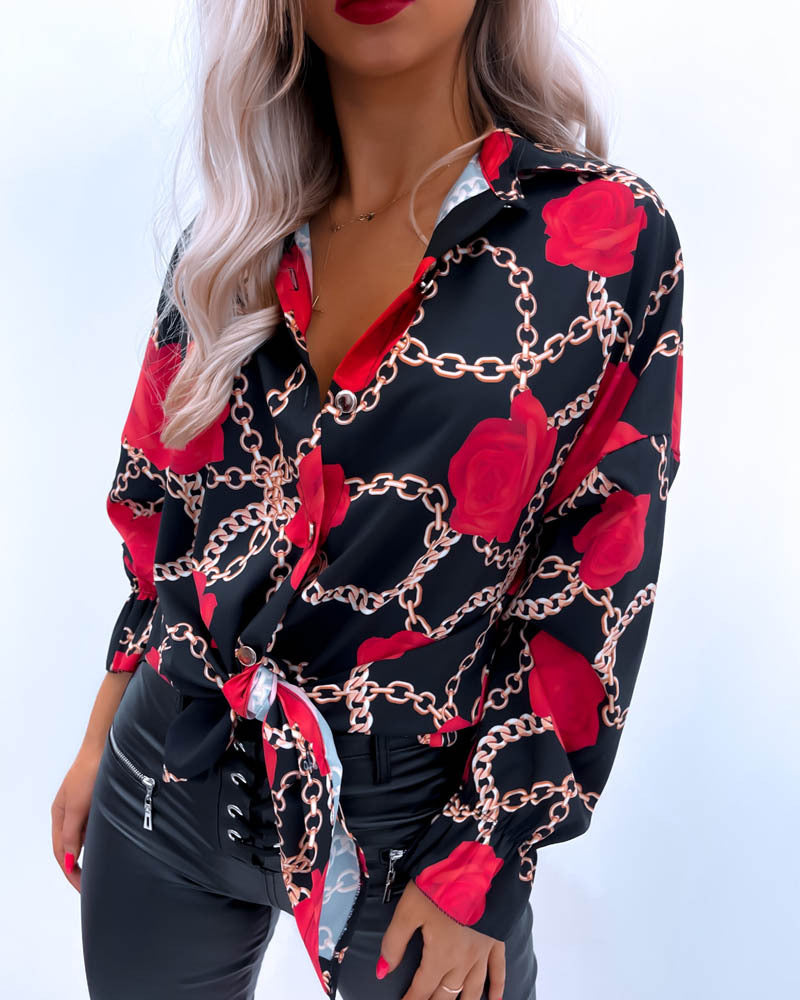 Elegant Long Sleeve Red Rose Pattern Shirt