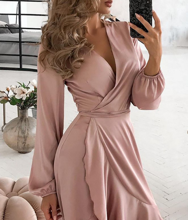 V-Neck Sexy Pink Ruffled Long Sleeve Dress