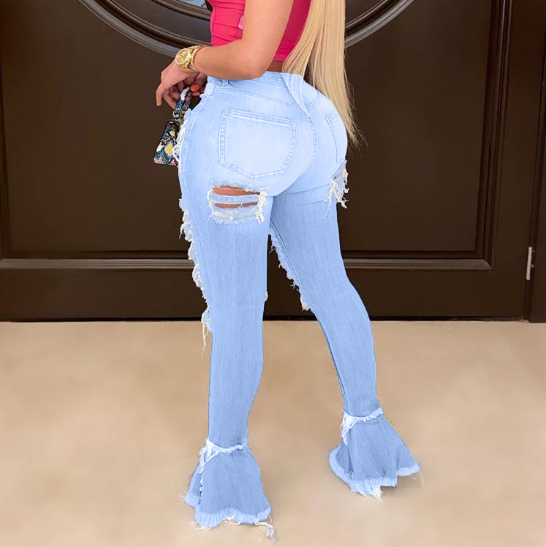 Women Flounced Ripped Denim Trousers