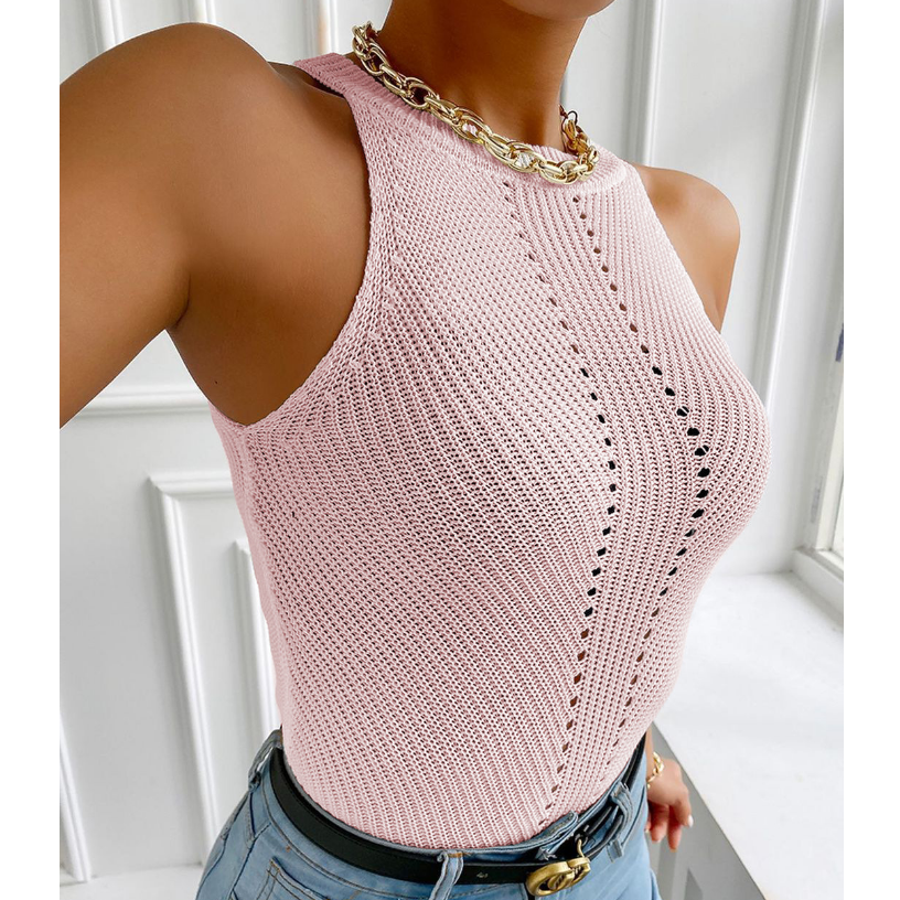 Sexy Round Neck Knit Solid Color Vest Shirt Tops
