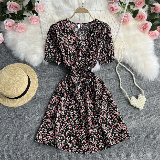 V-Neck Short-Sleeved Chiffon Floral Loose Dress