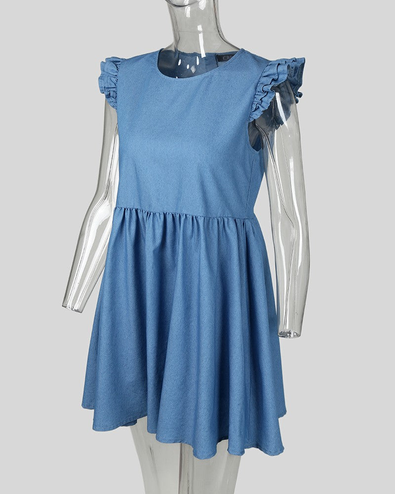 Solid Color Round Neck Flounced Dress