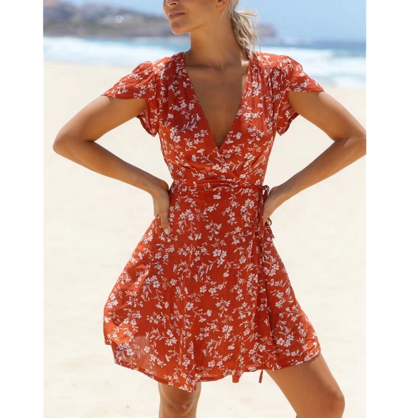 Women'S V-Neck Short-Sleeved Printed Dress